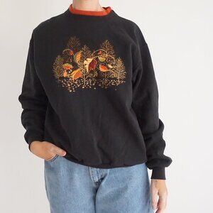 Vintage Top Stitch Black Woodland Fox Bird Acorn Autumn Embroidered Sweatshirt L